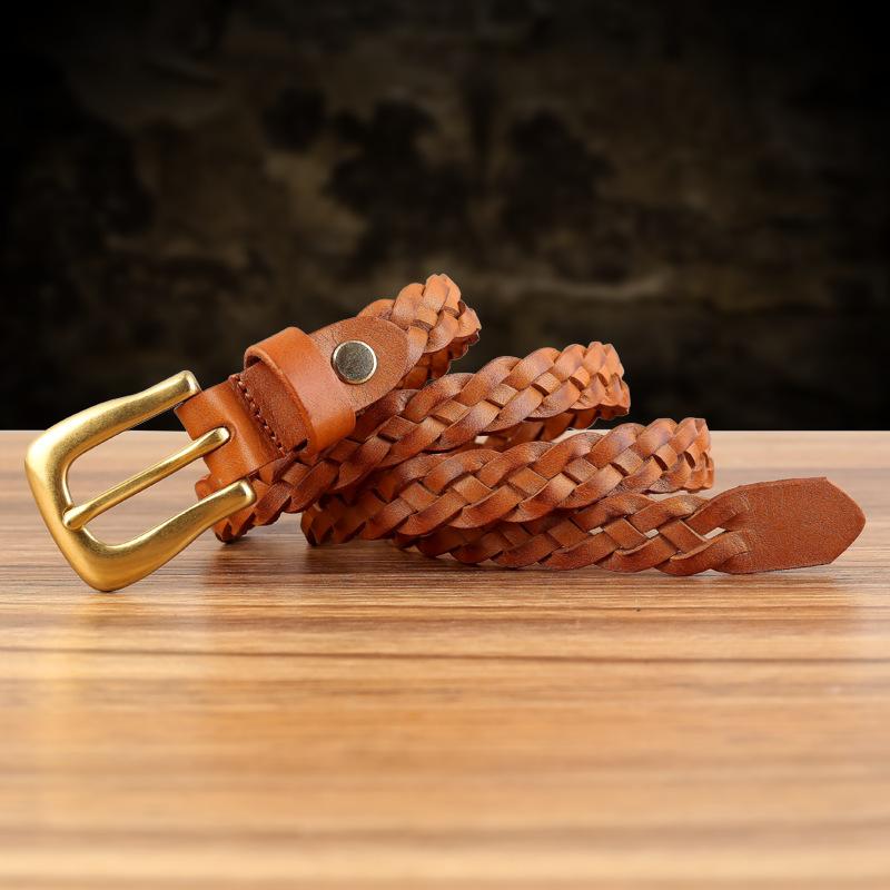 Genuine Leather Hand-Woven Women'S Leather Copper Buckle Without Punching Pin Buckle Decoration With Jeans Belt