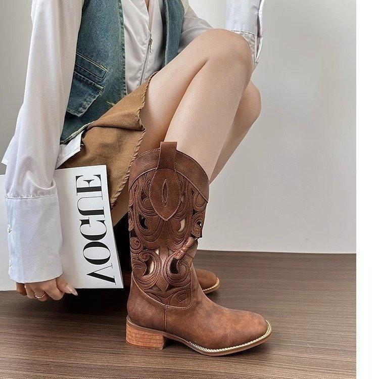 Brown Retro Western Cowboy Boots Women's 2025 New Hollow Mid Boots Embroidered Knight Boots Thick Heel Martin Boots