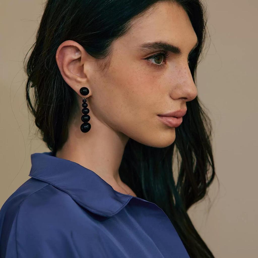 Elegant French Black Agate Gradient Beaded Stud Earrings - Autumn/Winter Cold Style