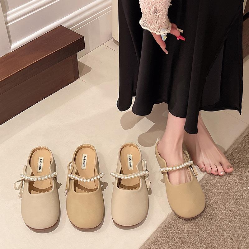 Flat-bottomed casual bag head half slippers spring new with skirt bow beaded decorative one-pedal single shoes