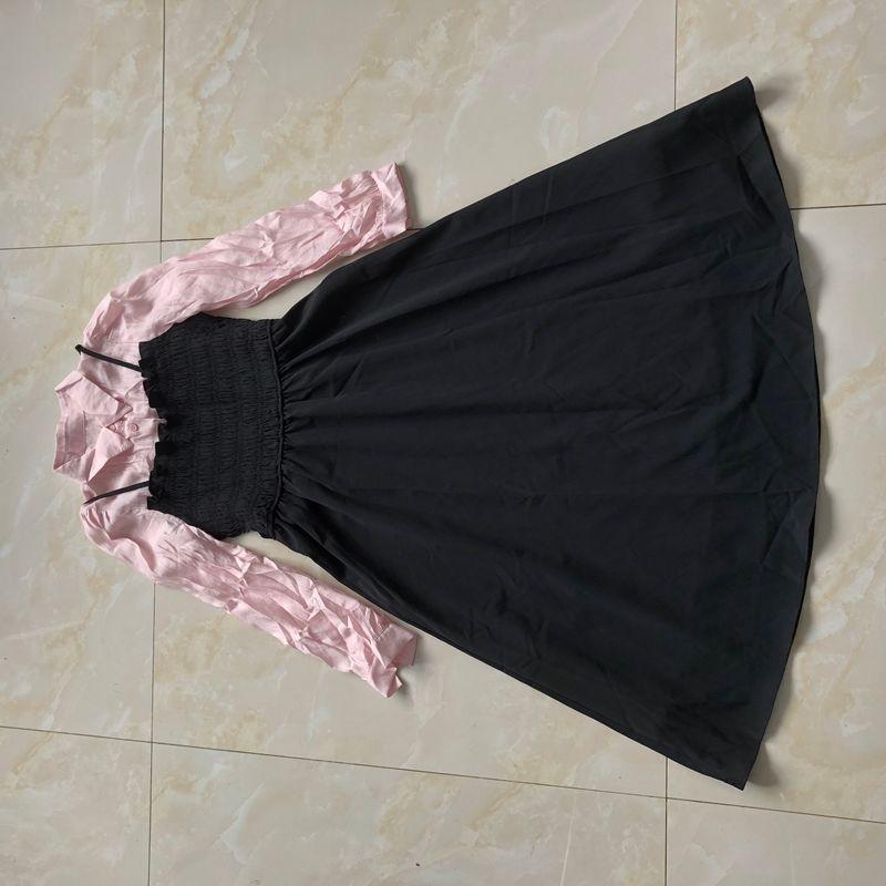 

Layered dress Spring and Autumn New Women s Clothing Fashion Lapel Button Pullover Long sleeve Pleat Stitching Midi dress 30982 Pink B- 5-33-1 M