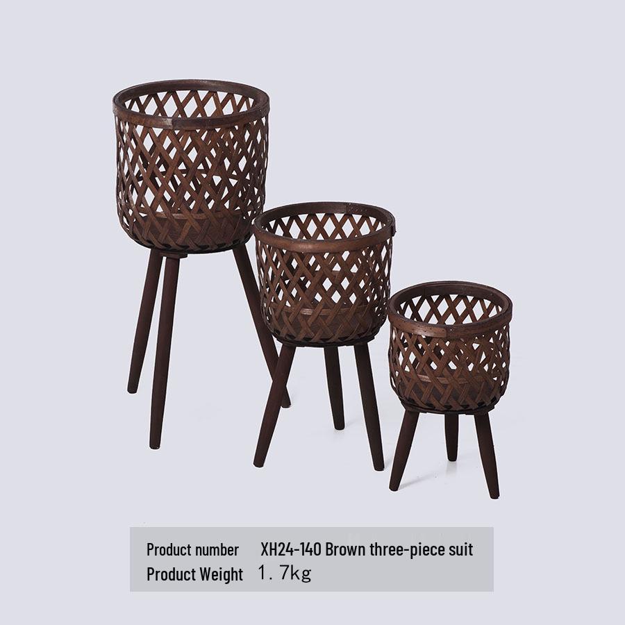 Nordic Rattan Woven Plant Stand - Handmade High-Leg Wooden Flower Pot for Indoor/ Balcony/ Living Room.