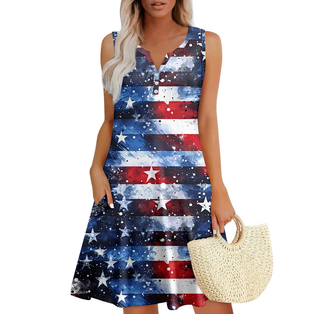 Damskie letnie sukienki, luźne, bez rękawów, dekolt w serek, sukienki letnie z kieszeniami