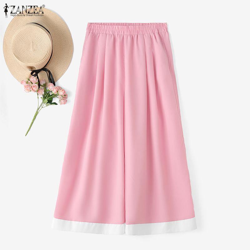 ZANZEA Women Casual Elastic Waist Solid Color Loose Wide Leg Pants