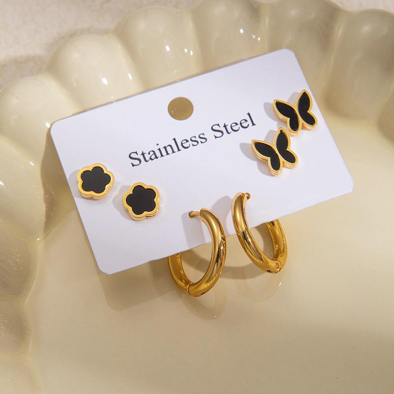 Elegant Four-Leaf Clover & Heart Earrings with Butterfly Detail, Titanium Steel Hoops - Non-Fading, Fashionable Summer Accessory