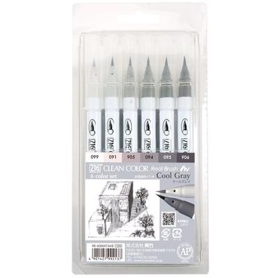 ZIG Clean Color Real Brush komplekts - Vēsi pelēks, 6 krāsas, Elastīgas mākslinieku otas pildspalvas no Kuretake