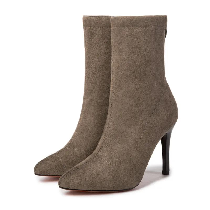 Fashion 2025New Women Sexy Boots Autumn Red Bottom Thin High Heels Pointed Toe Solid Black Suede Fashion Ankle Boots