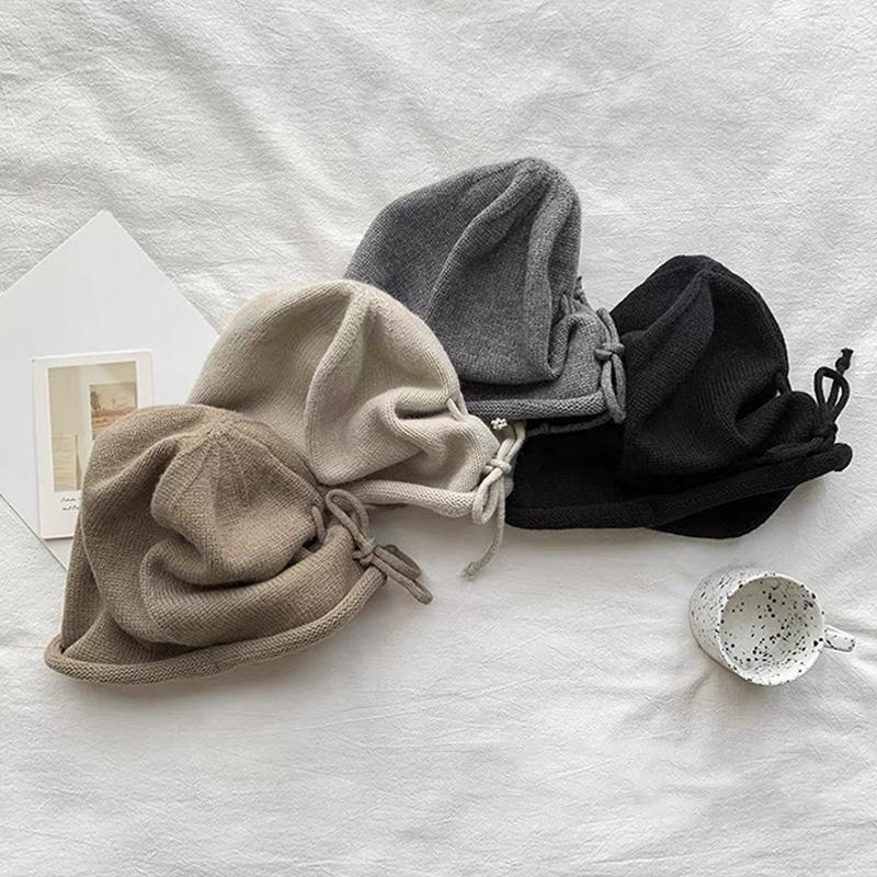 Big Head Circumference Drawstring Stacked Hat Women's Fall And Winter Show Face Small Warm Knitted Cap Wrapped Head Wool Cap