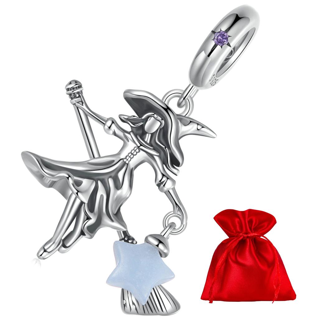 Witch on a broomstick with a glow-in-the-dark star silver pendant, 925 silver beads