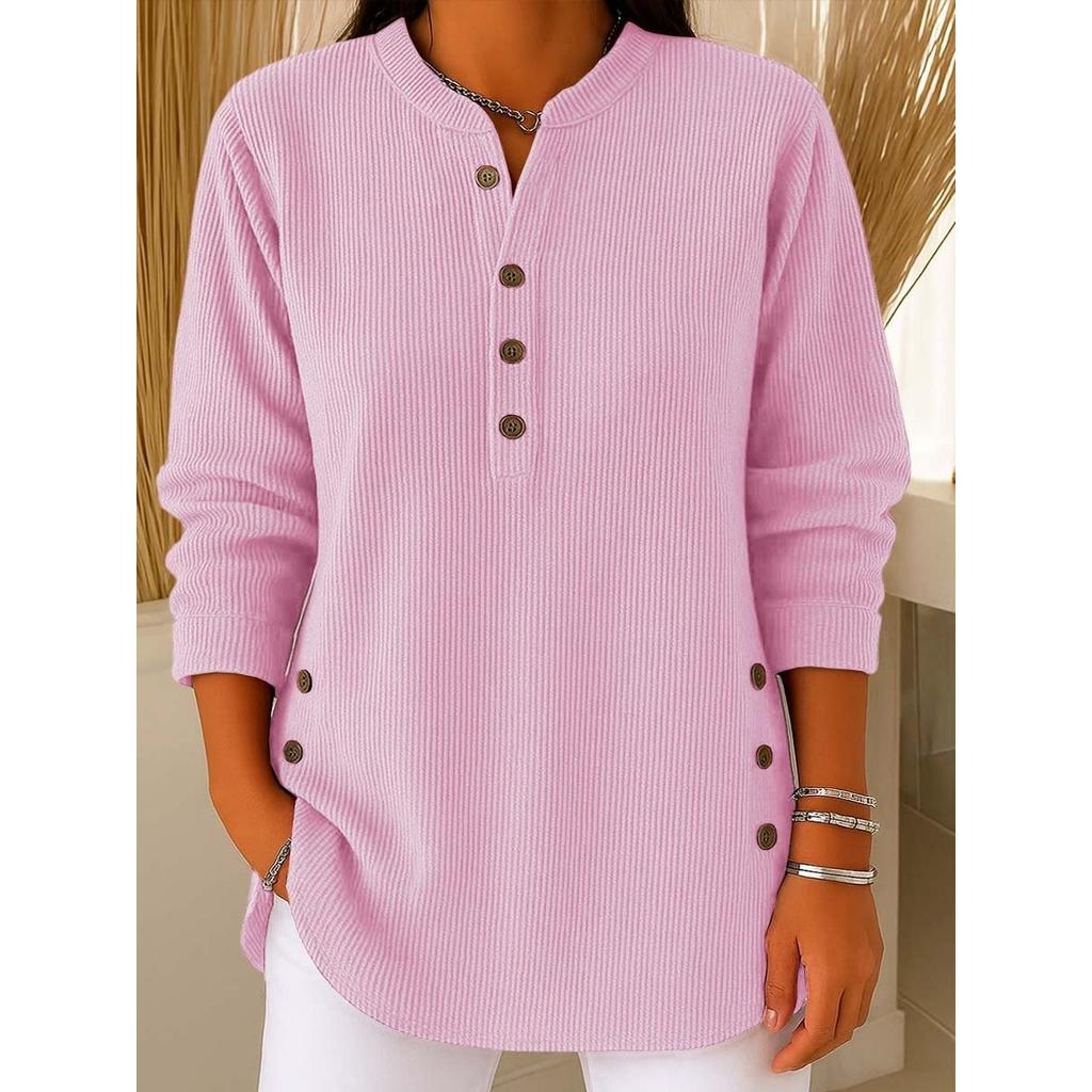 2025 Autumn Winter New Women's Solid Color Loose V-Neck Button Long Sleeve Casual T-Shirt Top for Europe America