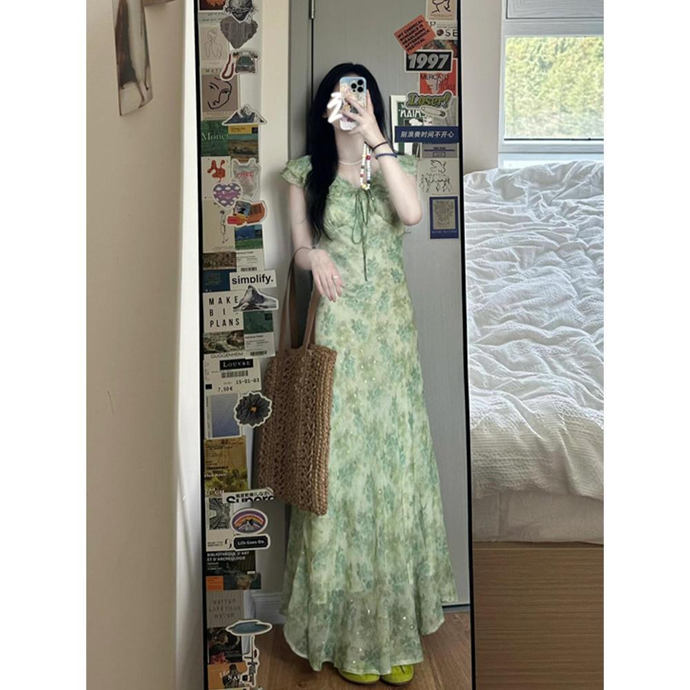 Dívčí nové letní krásné zelené květinové šaty Dětské šaty s krátkým rukávem a pasem