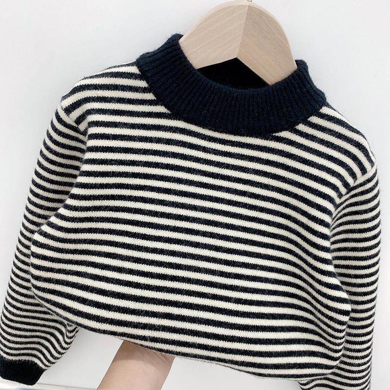 Boys' Fleece Pullover Fall and Winter Children's Casual Striped Knit Base Sweater