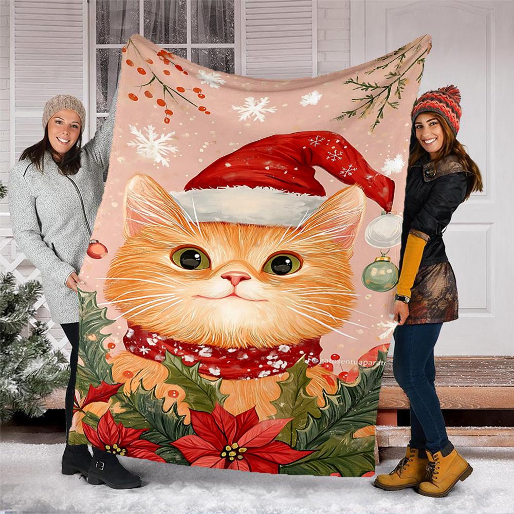 1pc Christmas Cat Decorations Outdoor Flannel Blanket , Machine Washable Perfect Gift for Birthday , Holiday Travel Accessory , Durable Material