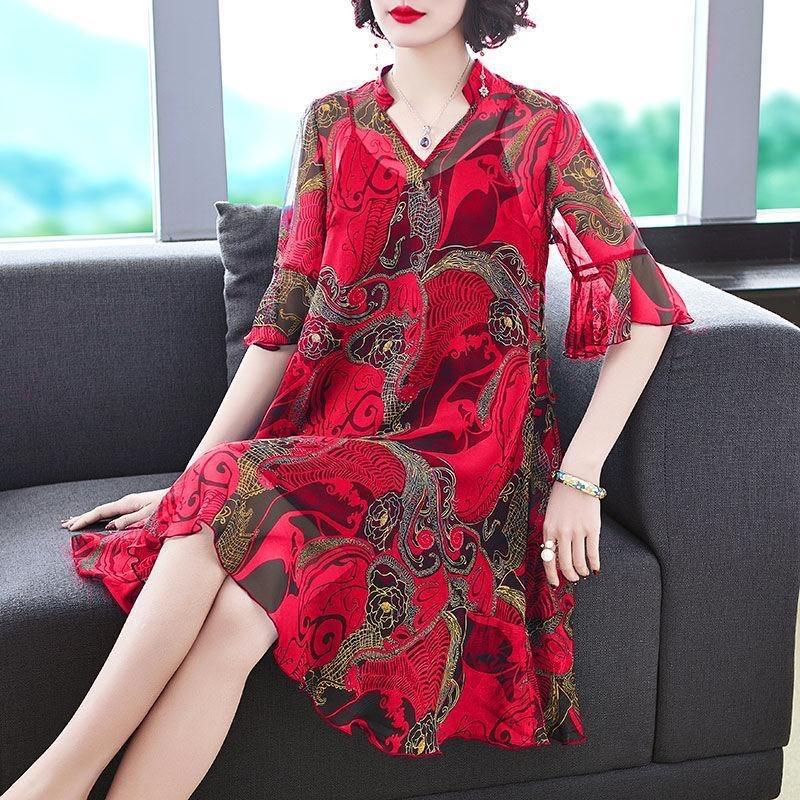 

Single-layer large-size skirt for women s summer new loose belly covering middle-aged mother age-reducing printed thin dress 5XL червоний