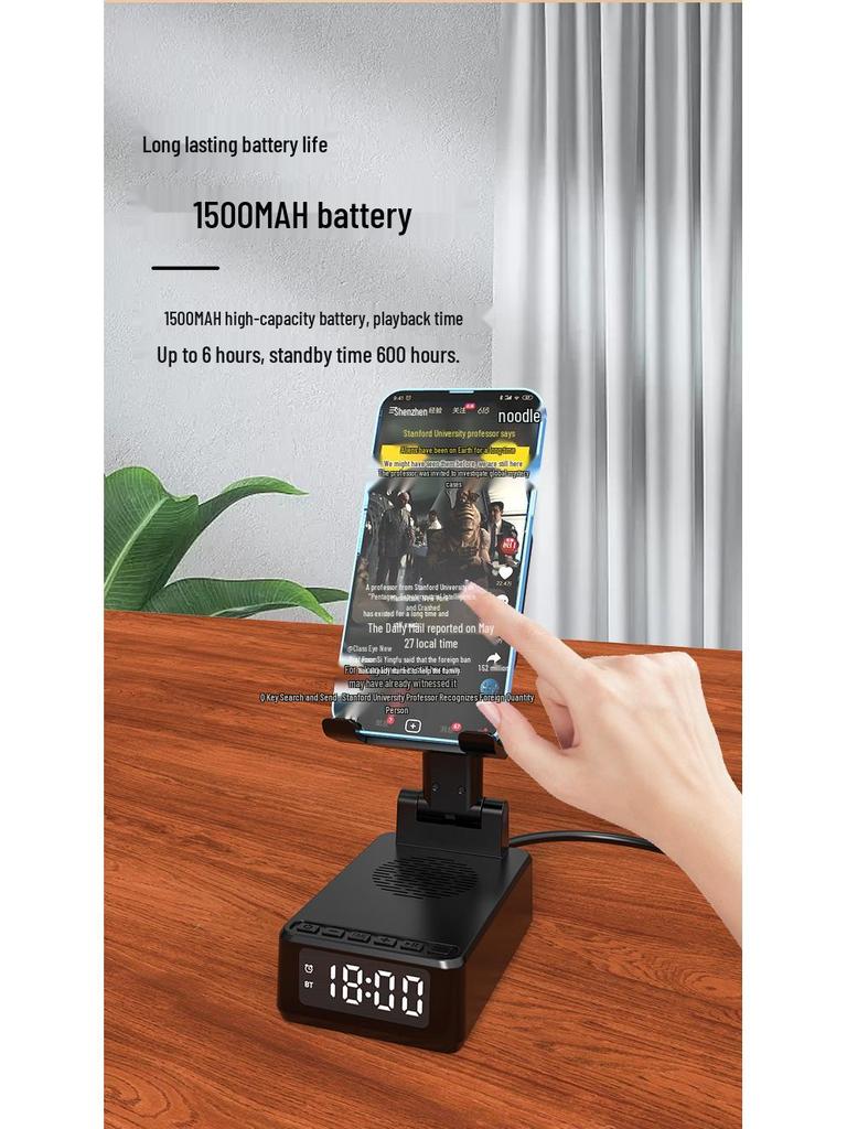 Portable Multifunction Wireless Charging Alarm Clock with Bluetooth Speaker & Phone Stand
