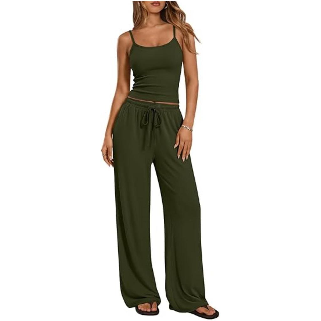 2026 Women's Casual Set: Solid Color Camisole & Wide-Leg Pants 2-Piece Outfit