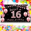 Vicycaty Sweet 16 Birthday Decorations - Backdrop Banner, Happy 16th Party Decor for Girls, Rose Gold Pink Sixteen Yard Sign, Photo Props for Outdoor