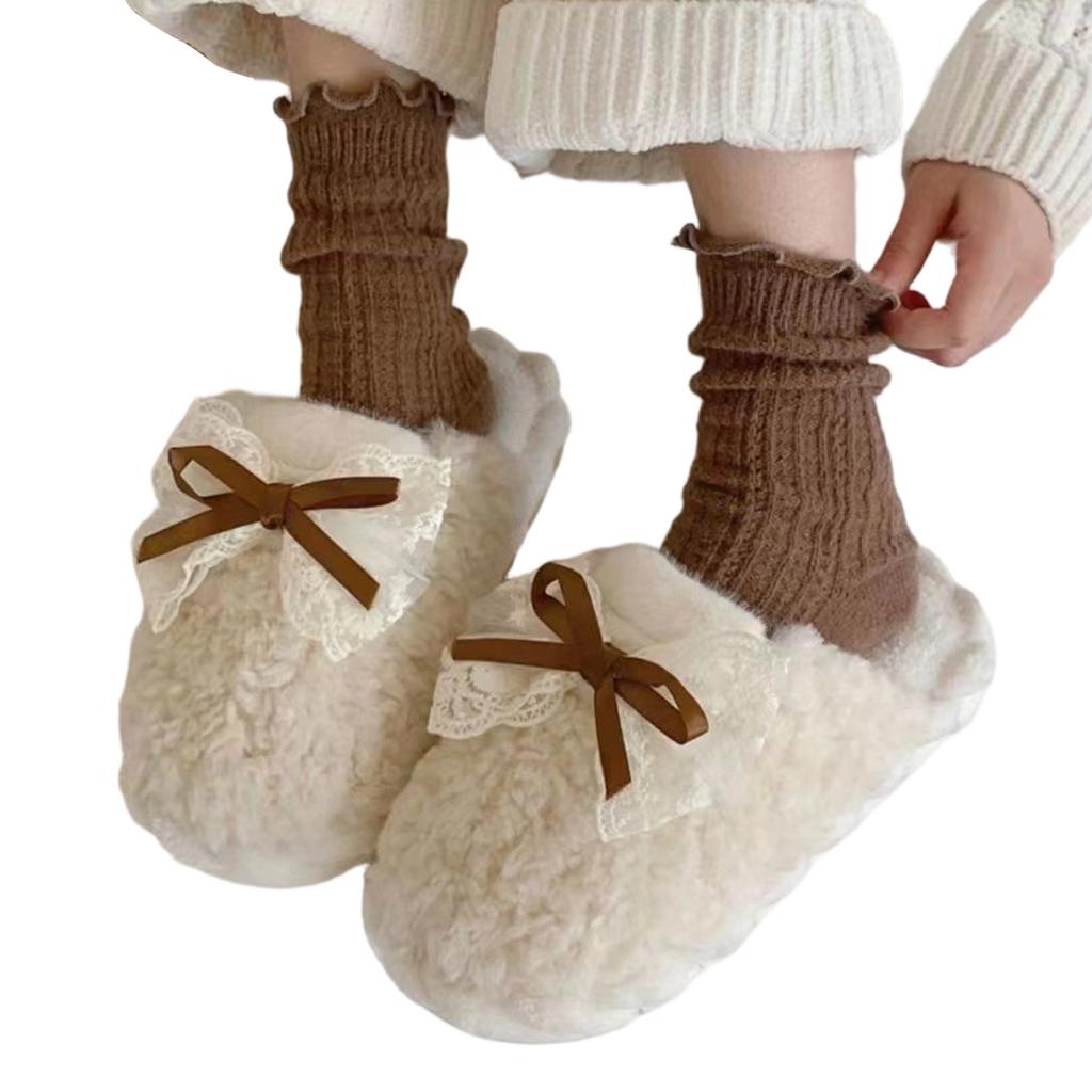 Plush Bow Accent Indoor Slippers Soft Fleece Lining Comfortable Slip-On Design Lightweight Cozy Footwear for Home Use