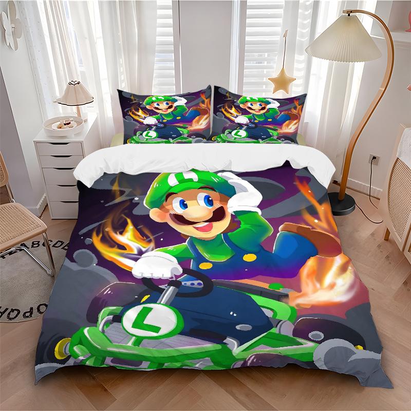 3pcs Luigi's Inferno Racer Printed Quilt Set - Includes 1 Quilt Cover and 2 Pillowcases, Machine Washable - Suitable for All Seasons.W054