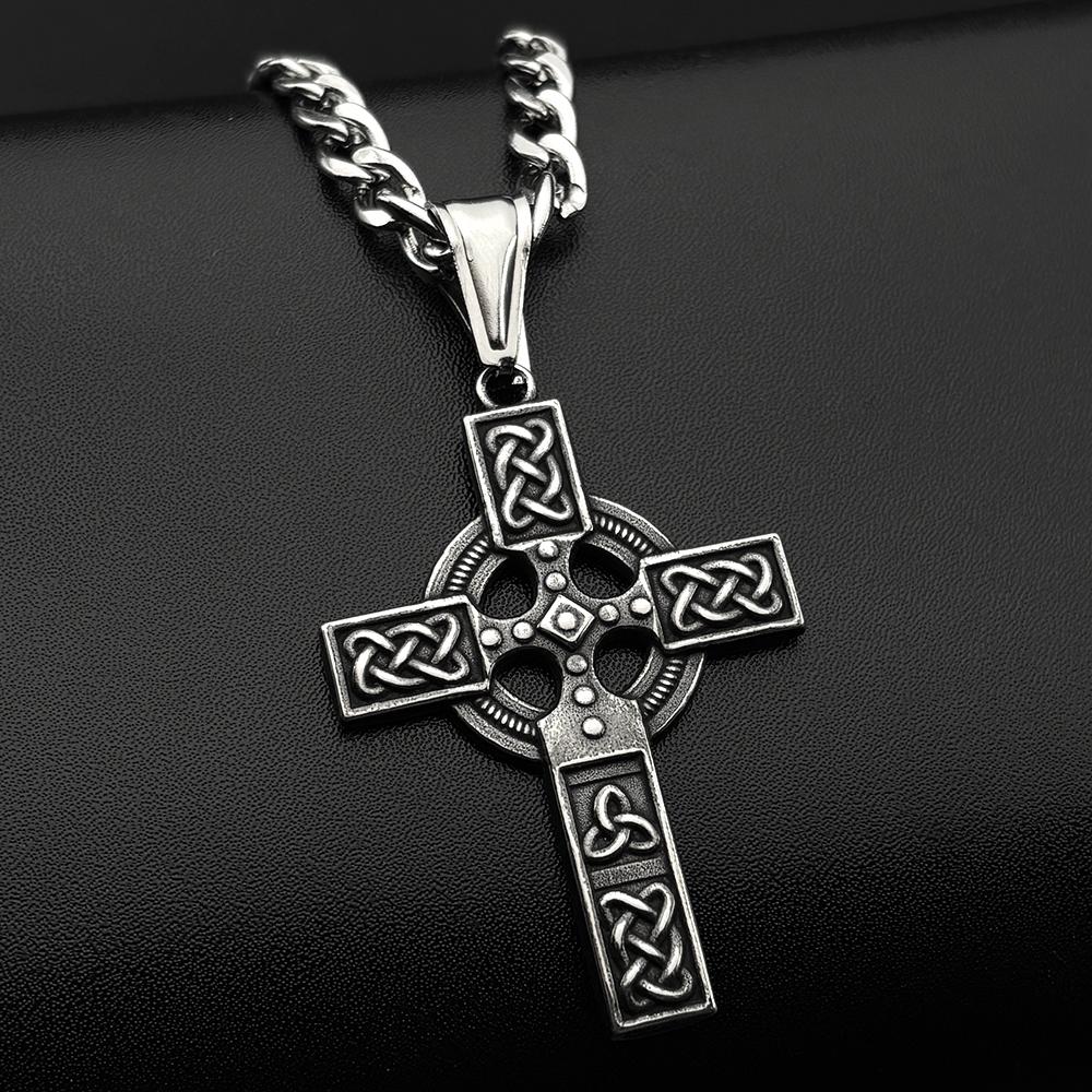 Vintage Stainless Steel Christian Cross Pendant Necklace for Women Men Fashion Nordic Celtic Knot Amulet Hip Hop Chain Jewelry