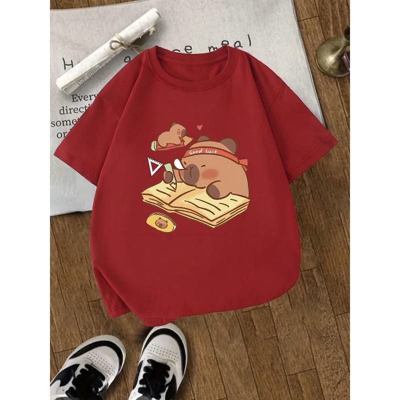 Kids Crewneck Short Sleeve Tee, Capybara Pufferfish Print Sports Casual Top