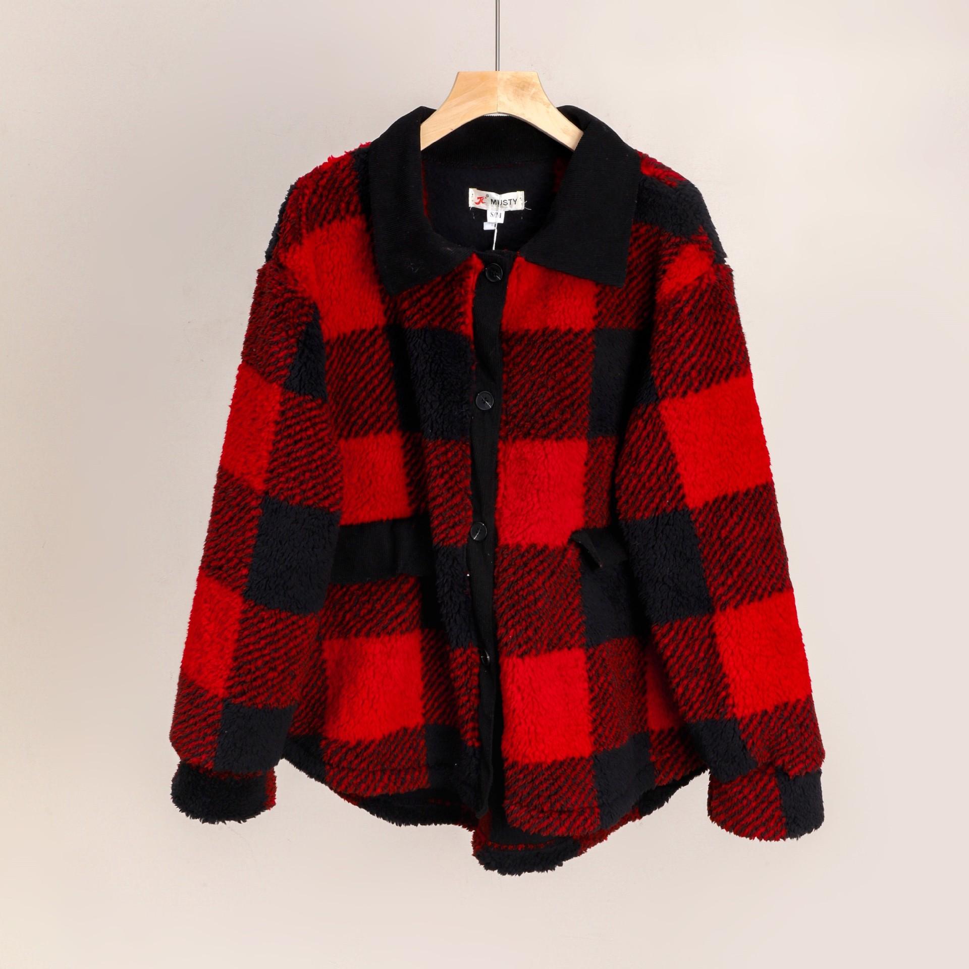 

New women s clothing, wind plaid shirt design sense niche retro loose woolen coat One size червоний