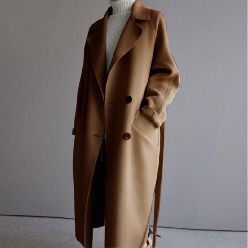 Womens Oversized Wool Blend Coat Winter Medium Length Double Breasted Casual Trench Style
