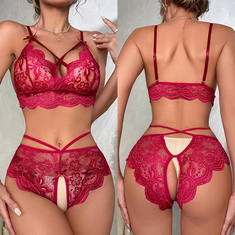Hot Erotic Lingerie Set Women Lace Mesh See Through Hollow Out Garters Thong Push Up Bra Set Sex Erotic Costume Underwear Set