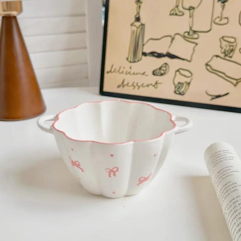 Affascinante Set di Ciotola e Piatto in Ceramica con Fiocco - Stoviglie Carine per Yogurt e Noodles Istantanei