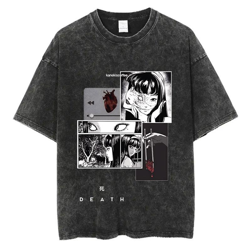 Men Fashion Washed T Shirt Streetwear Graphic Print Harajuku Hip Hop T-Shirt Summer Black Short Sleeve Cotton Loose Tops Tees