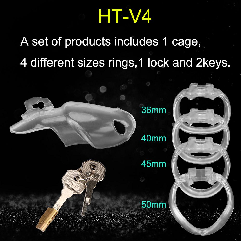 Sex Products HT-V4 Set Male Chastity Device Cock Cage With 4 Penis Rings Sex Toys For Men Resin Virginity Lock