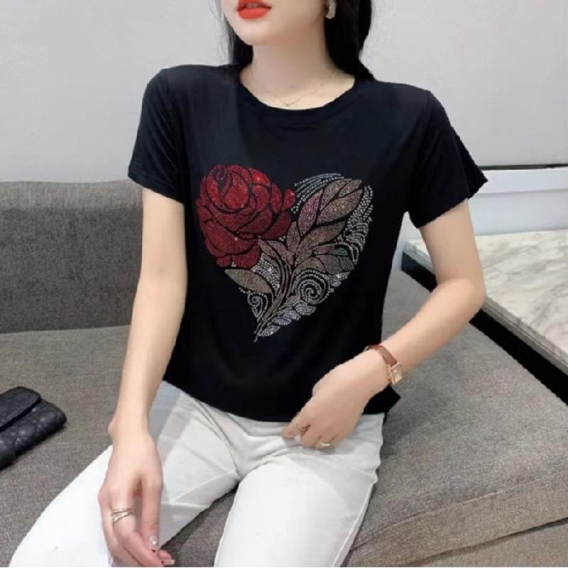 

Весенне-летняя черная футболка для женщин, людей среднего и пожилого возраста с круглым вырезом, простая рубашка с короткими рукавами и узором «железо» для мам большого размера 4XL