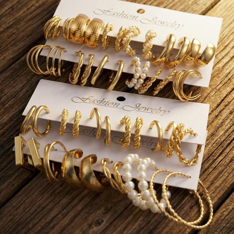 Elegant Retro Twisted Pearl & Metal Hoop Earrings Set for Women