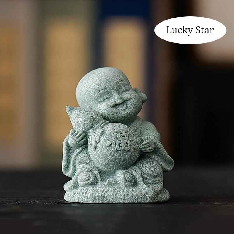 Green Sandstone Fu Lu Shou Little Monk sculptures and figurines Cute Home Room Office Wealth Luck Feng Shui Decor statuette