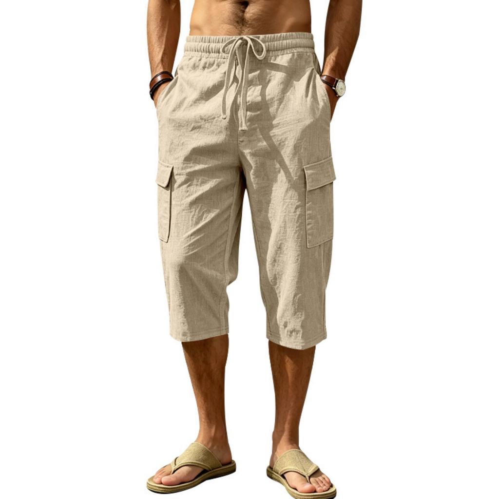 Men Linen Casual Outdoor Cargo Seven Shorts Multi Pocket Loose Fit Lightweight Drawstring Waist