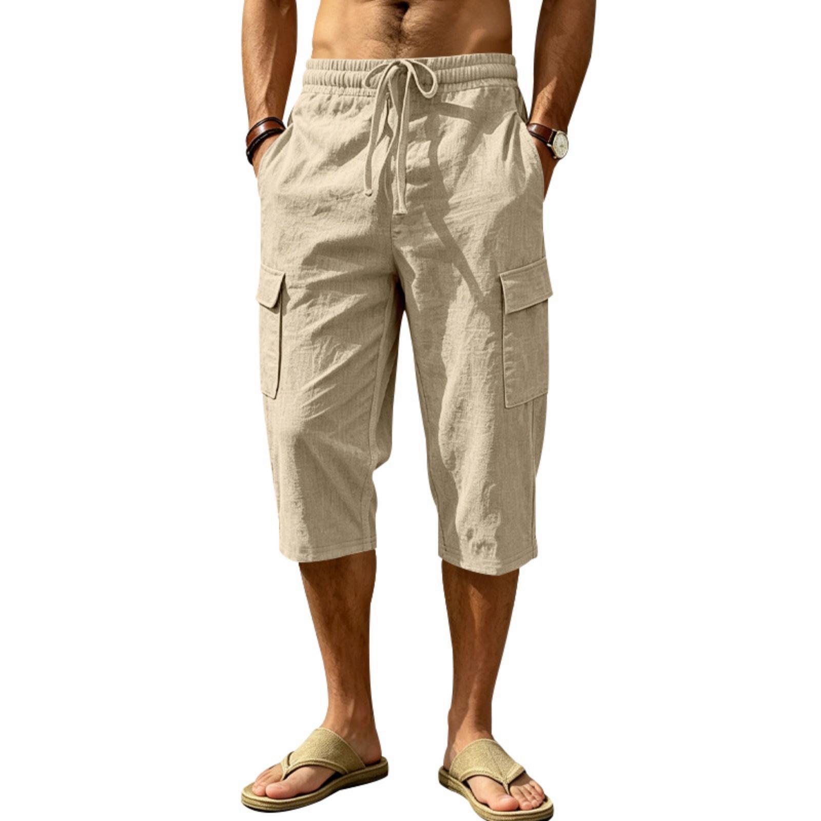 Herren Leinen Freizeit Outdoor Cargo Sieben Shorts Mehrere Taschen Lockere Passform Leichte Kordelzug Taille M khaki
