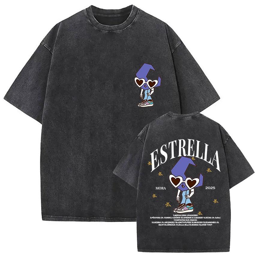 Vintage Washed Mora Lo Mismo De Siempre Album Letter Print TShirt Mens Women High Quality Fashion Oversized Cotton T Shirts
