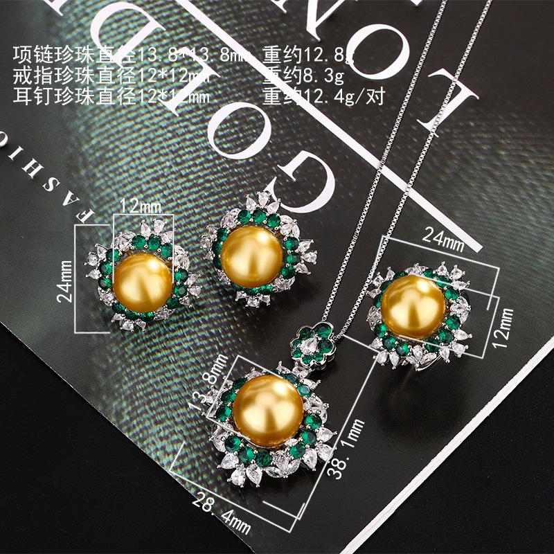 Jewelry New Pearl Necklace Earrings Ring Set Fritillary Pearl Earrings Silver Needle Elegant Emerald