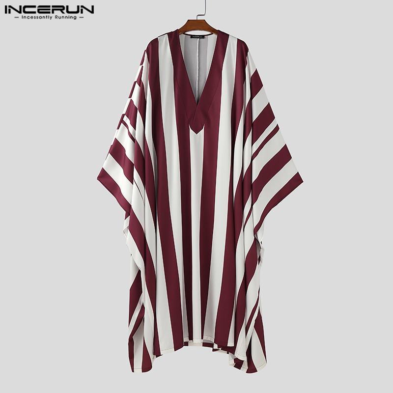 INCERUN Men V Neck Batwing Sleeve Striped Print Irregular Casual Loose Long Dress Robes