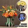 Colorful Striped Vase Ceramic Vase with Handle Desktop Decorative Vase for Flower Arrangement Living Room Bedroom Decor