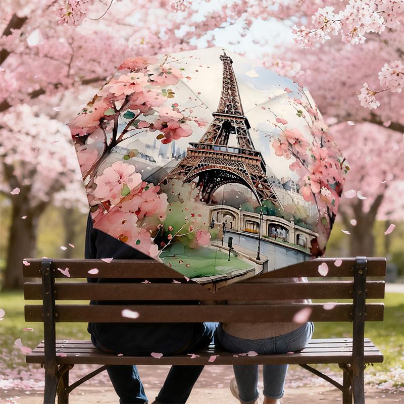 1PC Eiffel Tower, Cherry Blossoms Umbrella-8-Rib Reinforced, Automatic Open, Lightweight & Durable, Cute Fashion Accessory for Outdoor, Beach, or Casu