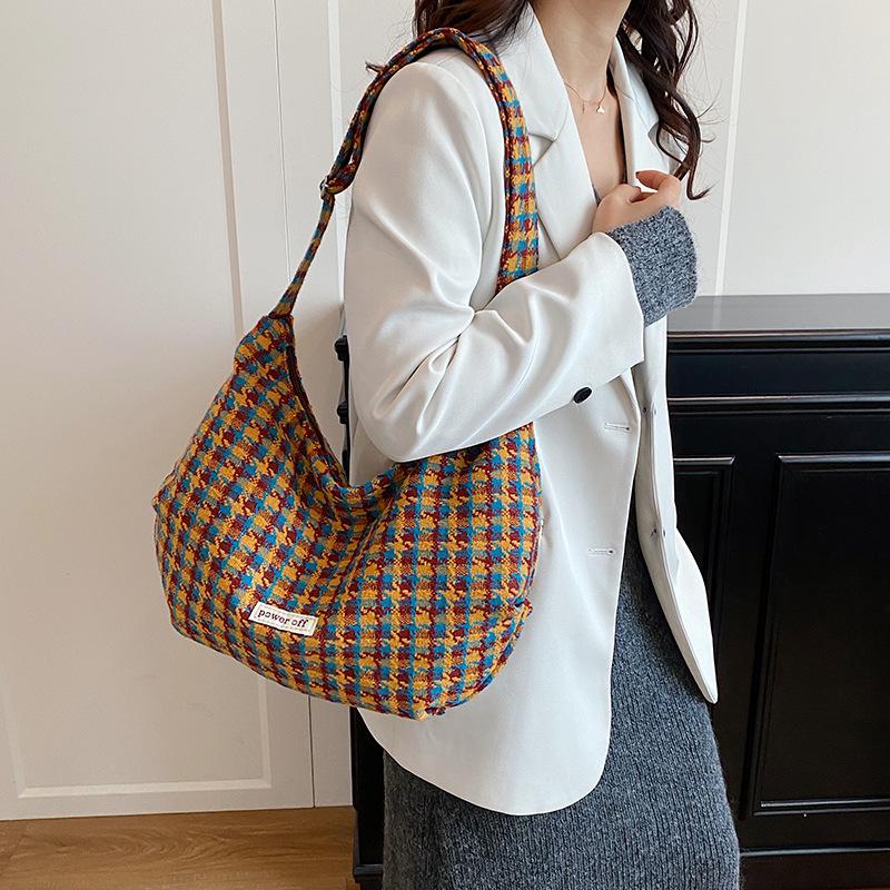 Retro Ctrast Color Plaid Women Woolen Crossbody Bags Versatile Ladies Shoulder Underarm Bag Large Capacity Girls Tote Handbag