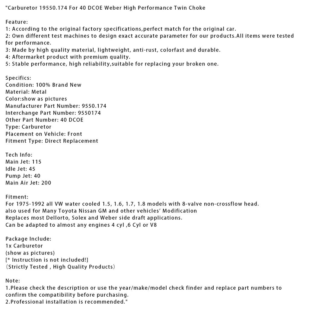 Carburetor 19550.174 For 40 DCOE Weber High Performance Twin Choke