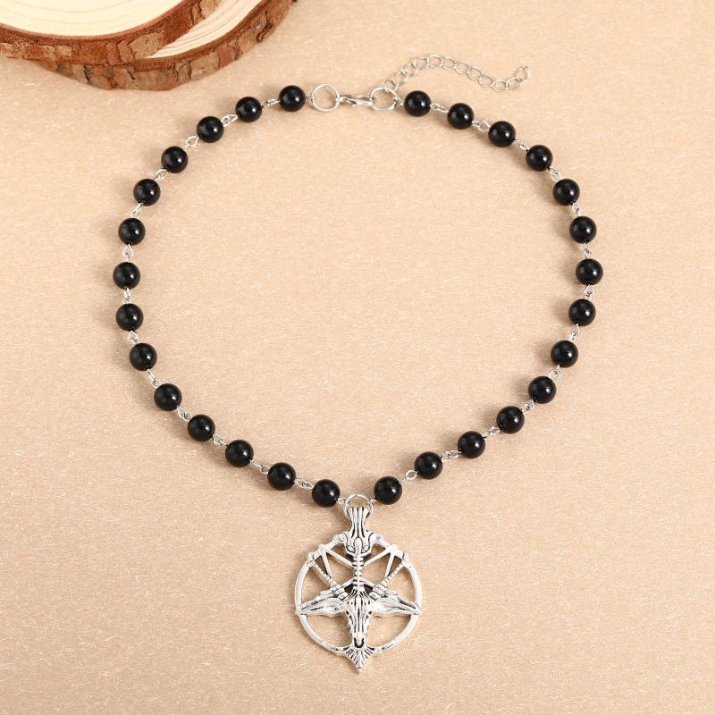 Gothic Black Agate Choke Ring and Baphomet Pendant Antique Pentagram Skull Round Goat Head Necklace Devil Pan God Necklace