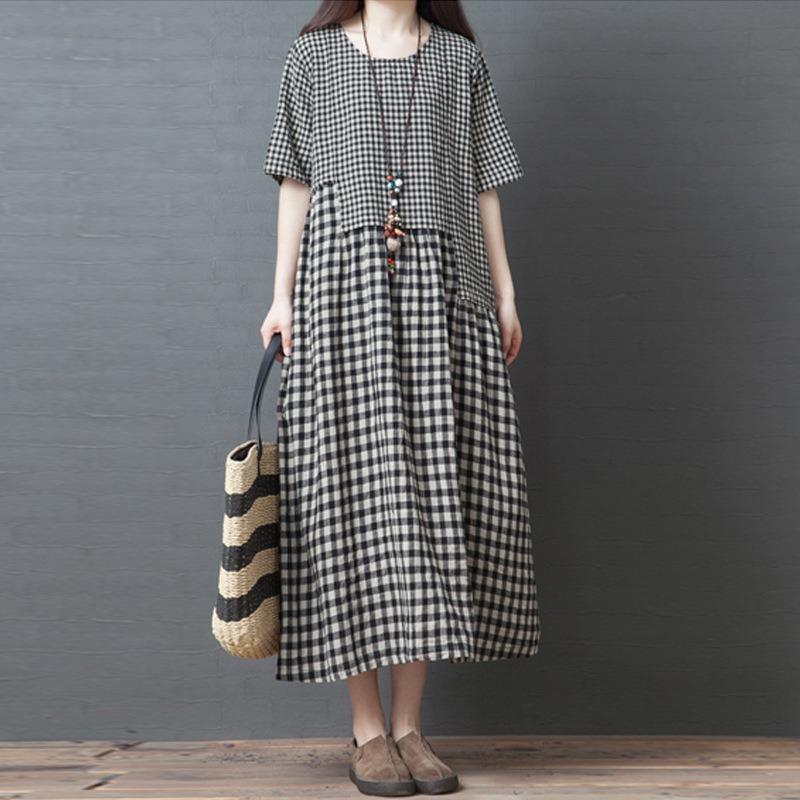 Abito estivo nuovo, letterario, ampio, con patchwork in cotone e lino, a quadri, girocollo, manica corta, da donna, di media e lunga lunghezza