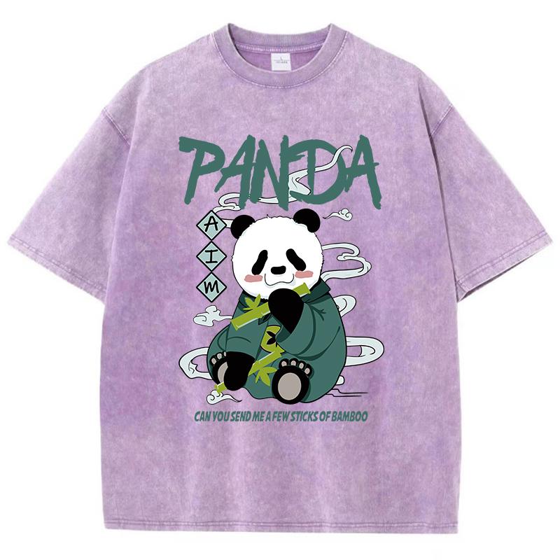 Oversized Women Washed T-Shirts Kawaii Cartoons Panda Printed Tee Shirts Distressed Crewneck Cotton Tees Clothes