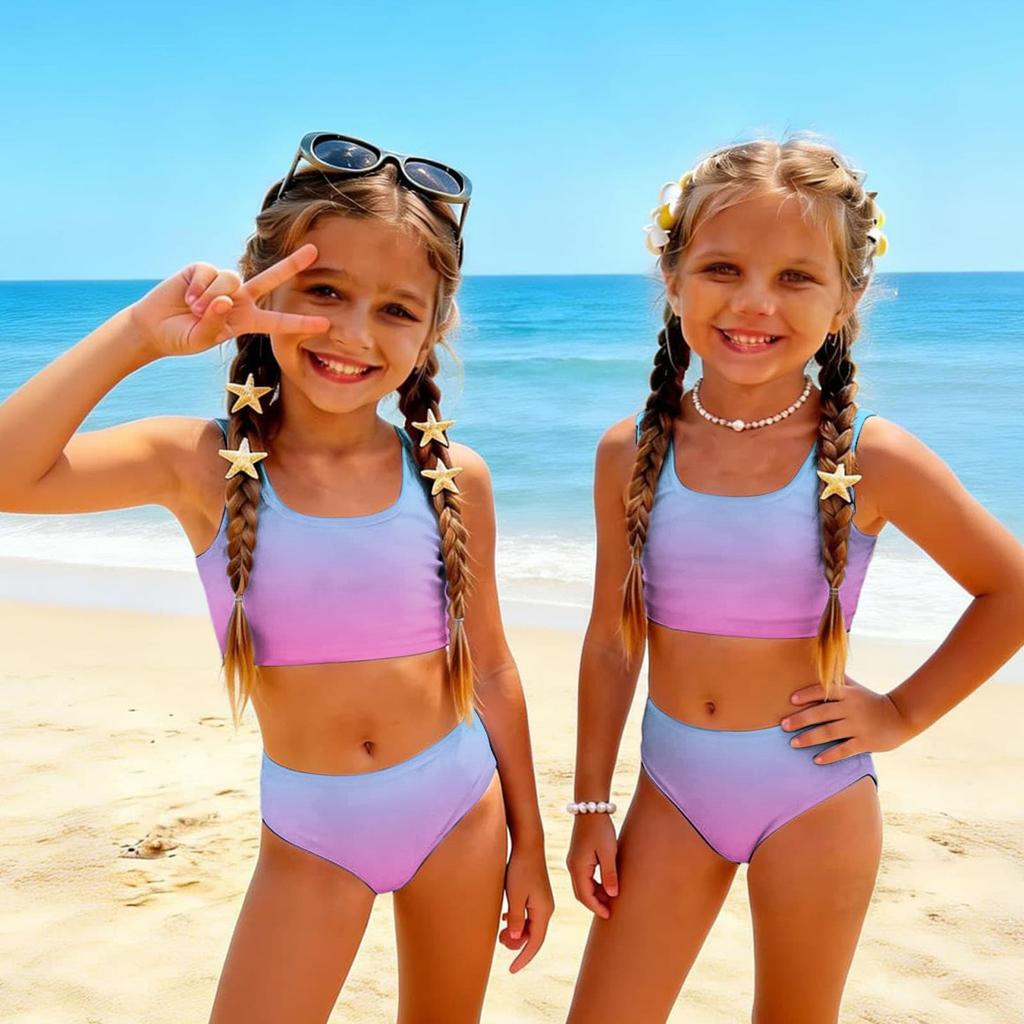 Girls Two Piece Swimsuit Set Gradient Print Sleeveless Crop Top and High Waist Bottoms Summer Beach Swimwear for Kids