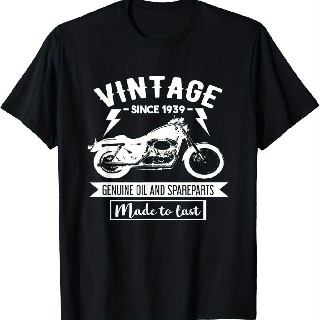 Vintage 1939 Motorcycle Graphic Tee Men Biker Durable Retro Cotton Daily TShirt
