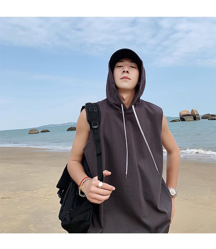 2022 Summer Men's Hip Hop Hooded Sleeveless Tank Top - Trendy Solid Color for Students