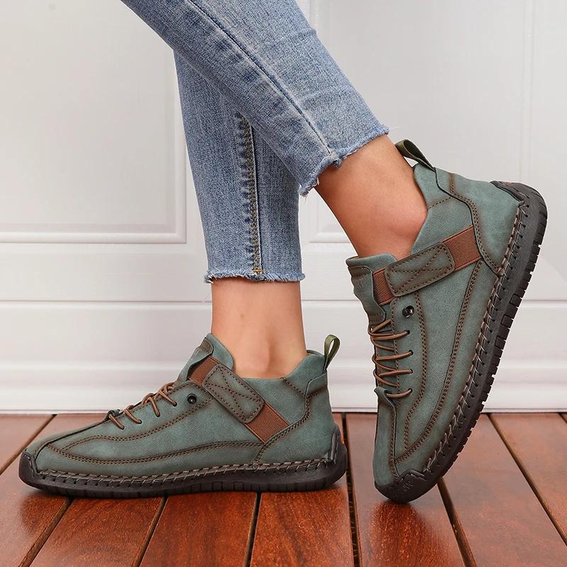 Women's Boots Mid Top for Retro Anti Slip Shoes Men's Soft Leather Mid Top Ankle Boots Couple's Loafers